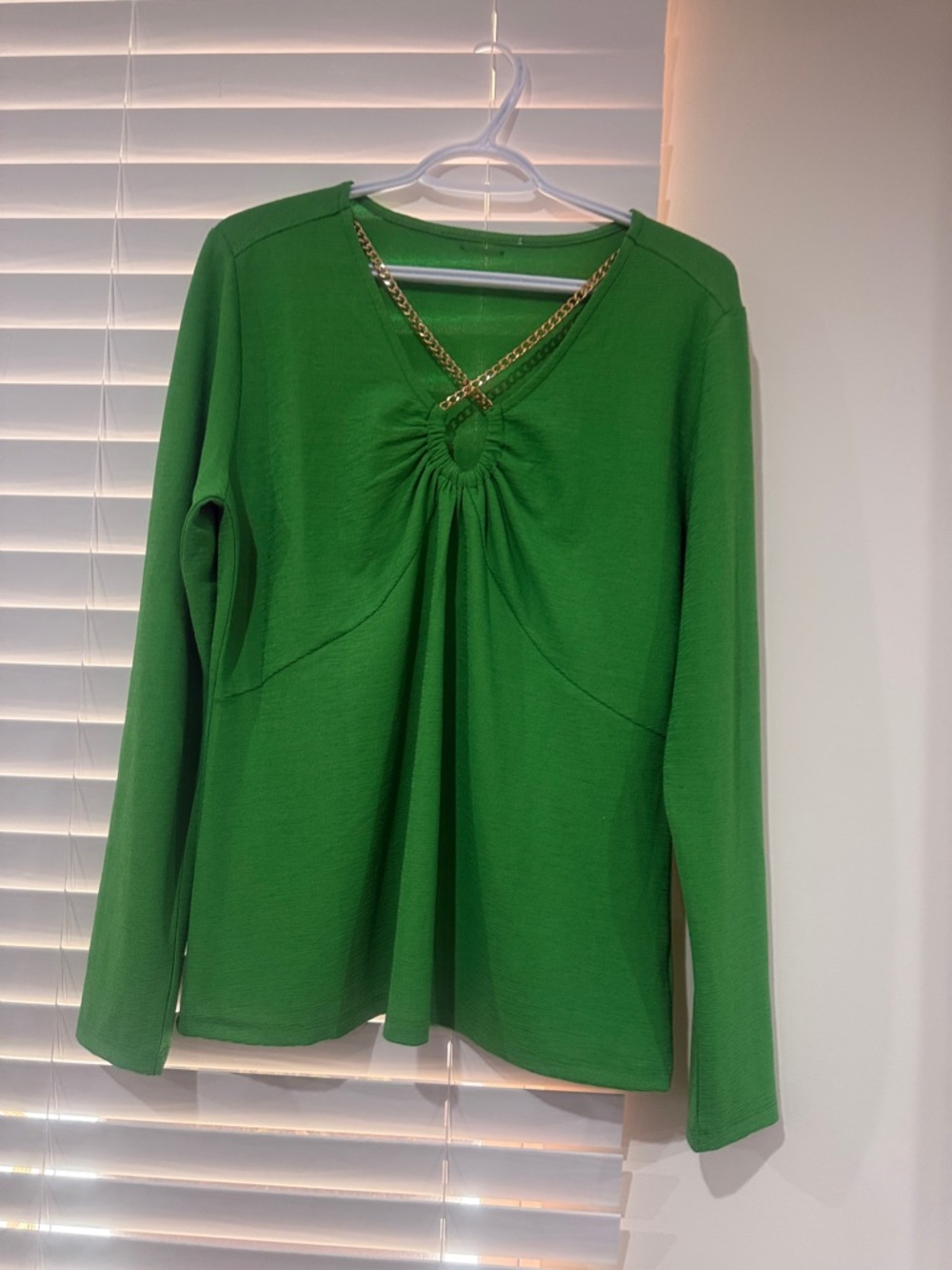 Michael Kors Emerald Green Long Sleeve Top with Gold Chain Accent